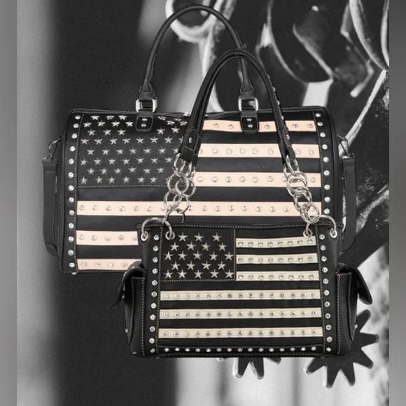 Black and White Studded Flag Design Women's Bag HAND BAG ONLY - Picture 5 of 8